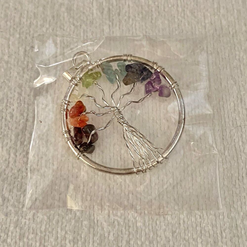 NEW Handcrafted Tree of Life Round Silver Wire Wrapped Pendant Multicolor Chips